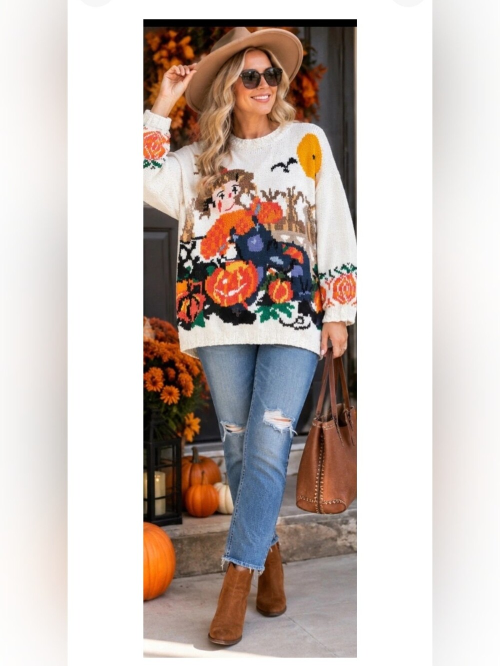 Cream Pumpkin & Scarecrow Knit Pullover Sweater - Women's Fall Crewneck